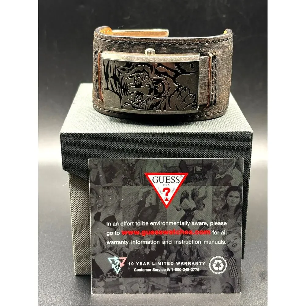 Vintage GUESS G55342L Armored Tiger Leather Cuff Flip Cover Y2K Watch